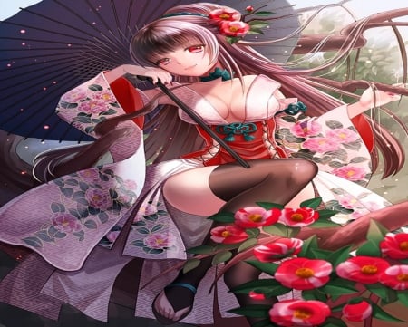 Japanese Rose - japan, umbrella, girl, orginal, rose, kimono, long hair, japanese