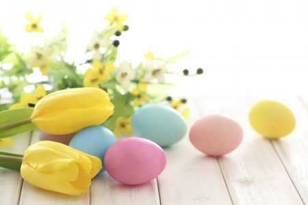 Easter - eggs, flowers, tulips, Easter eggs, Spring, wood, Easter, still life