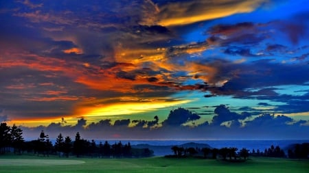 dramatic sky - clouds, trees, golf course, colors, sky