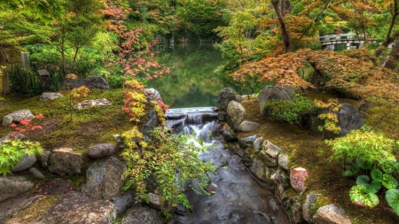 peaceful park hdr - stream, pond, rocks, bridge, trees, park, hdr