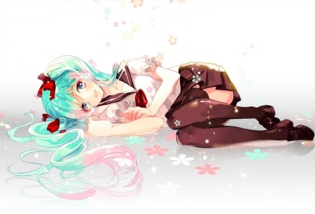 Hatsune Miku - hatsune miku, skirt, blue eyes, long hair, ponytails, blue hair, vocaloid, anime, flowers