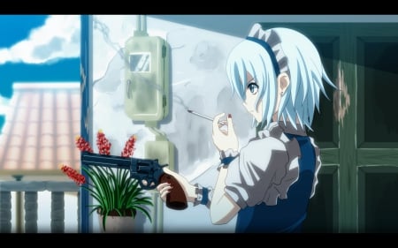 I'm a Bad Girl - gun, female, evil, anime girl, touhou, home, window, pistol, sinister, anime, house, short hair, girl, smoke, bad, blue hair, izayoi sakuya