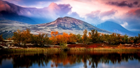 Rondane National Park, Norway - lake, autumn, trees, reflection, beautiful, clouds