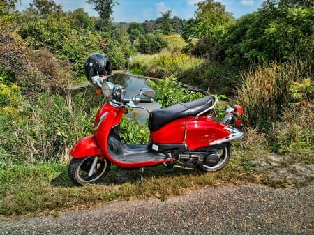 Tomos Velo - backroads, river, Scooter, getaway