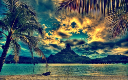 The Glory - sky, beach, palms, mountains, beautiful, clouds, island, sand, sea, tahiti