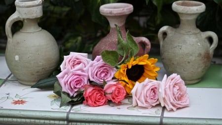 â  flowers and craftsâ - yellow, pink, wall, colors, sand