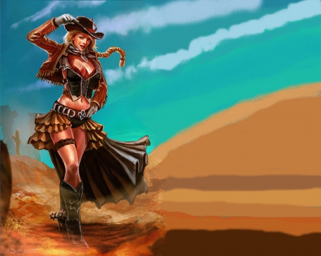 Cowgirl Chloe - girls, women, fun, westerns, female, cowgirls, boots, hats, outdoors, drawing, art, sketches, desert, guns