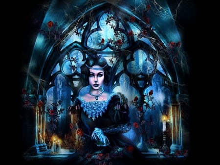 elizabeta - fantasy, dracual, eeerie, dark art, gothic girl, candles, haunted, gothic wallpaper