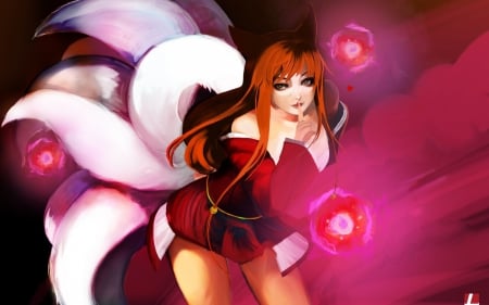 Ahri - tails, game, league of legends, fox, girl, pink, ahri, fantasy, white, red, woman