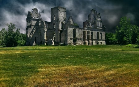 Castle Ruins - sky, building, dark, clouds