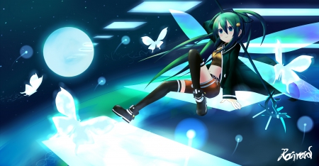 ♪~Ħαтƨʋиɛ Ѧικʋ~♪ - Vocaloid, Cute, Sweet, Black Shoes, Lovely, Green Eyes, Long Green Hair, Anime, Miku, Green, Black Socks, Beautiful, Butterfly, Girl, Wonderful, Adorable, Hatsune