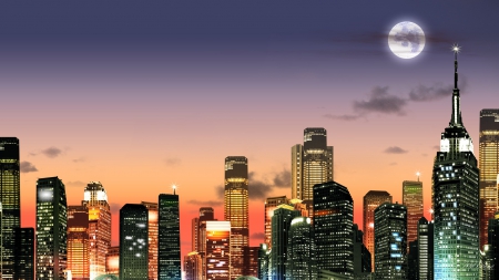 Sunrise in Big City - sky, sunset, skyscrapers, tall buildings, town, clouds, dawn, full moon, city, twilight, sunrise, lights