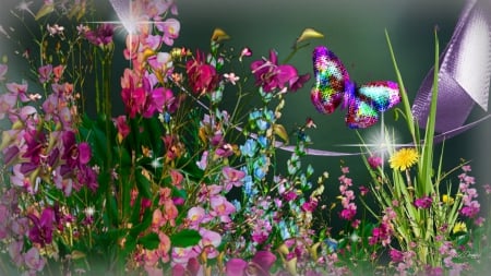 Sweet Peas in Garden - sweet peas, summer, spring, light, stars, flowers, colorful, bright, garden, butterfly