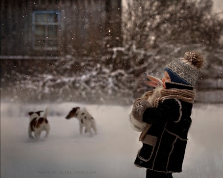 Winter - snowfall, winter, child, nature, winter time, snow, boy, splendor, dogs, house, snowy