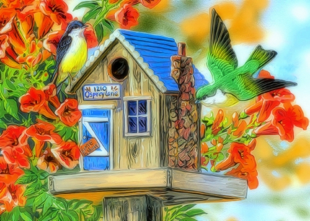 ★Trumpet Vines & Tree Sparrows★ - lovely flowers, birds, summer, creative pre-made, paintings, digital art, sparrows, drawings, seasons, love four seasons, gardening, animals, birdhouses