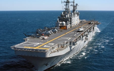 Aircraftcarrier with helicopters - ship, sea, on, large, strong