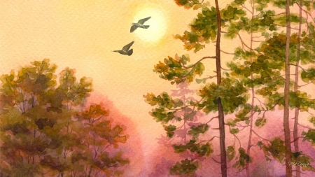 Skywatercolor - watercolor, sky, bird, sun