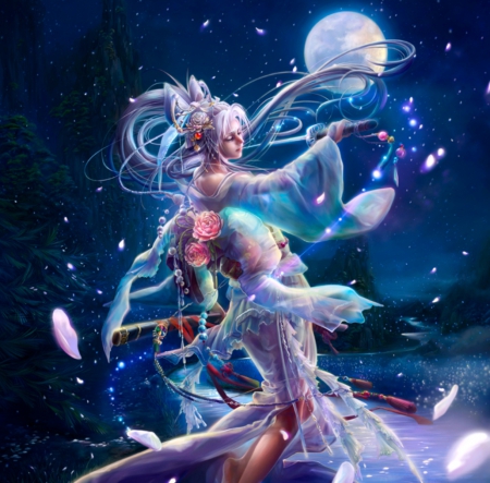 Whirling Blade - pretty, female, maiden, night, light, katana, weapon, dancing, nice, moon, water, beautiful, girl, sword, beauty, lovely, sweet, petals, blade, glow, fantasy, lady, dance, fantasy girl