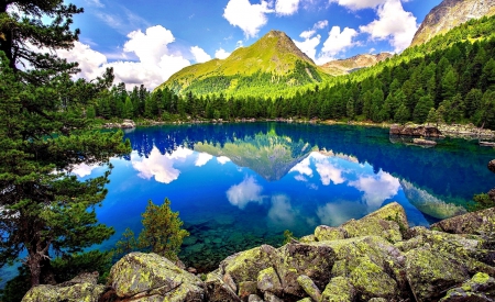 Landscape with mountain and lake - lake, sky, landscape, shore, mirrored, peak, rocks, serenity, calm, nature, quiet, reflection, clouds, beautiful, stones, cliffs