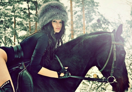 Cowgirl~Bella Tokaeva - bella tokaeva, horse, trees, hat, cowgirl, brunette