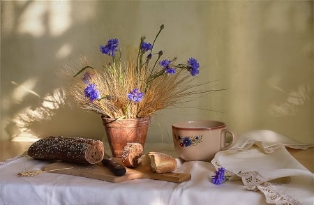 Still Life - bread, flowers, still life, cup