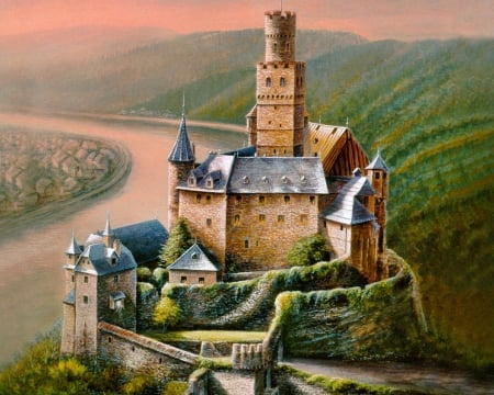 Tower castle - fantasy, green, tower, military, castle, medieval