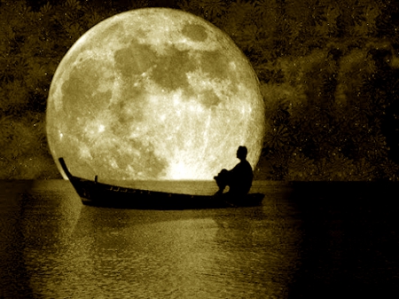 MOONLIGHT JOURNEY - moon, journey, boat, sea, night, man