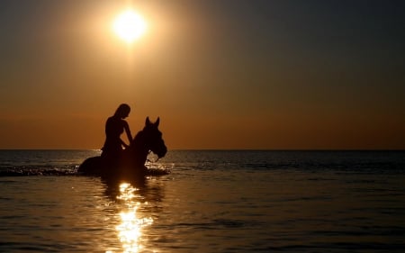 Cowgirl Taking Horse For A Swim - style, fun, famous, models, westerns, female, fashion, cowgirls, vacation, oceans, horses, sunsets