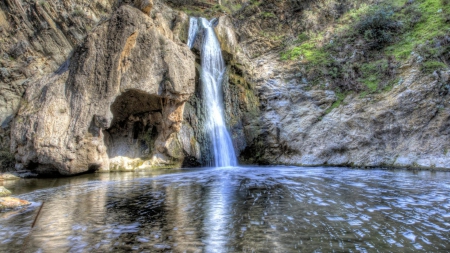 wondrous waterfall hdr - waterfall, cliff, poll, hdr, reflection, rocks