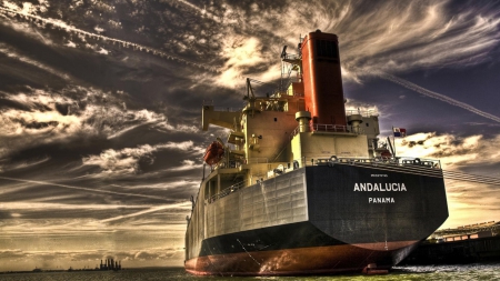 docked freight ship hdr - clouds, freight, ship, hdr, harbor, dock