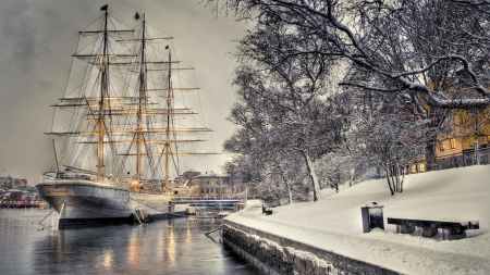 the tall ship af chapman in stockholm sweden hdr - winter, hdr, harbor, city, dock, tall ship