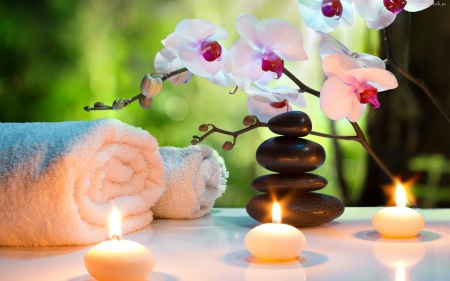 Spa - candles, peace, towel, spa, flowers, stones, relax