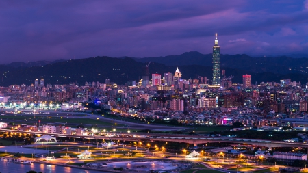 taipei airport in evening - evening, airport, city, tower, lights