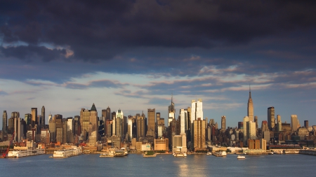 sunset on the west side of manhattan - river, city, sunset, piers, skyscrapers