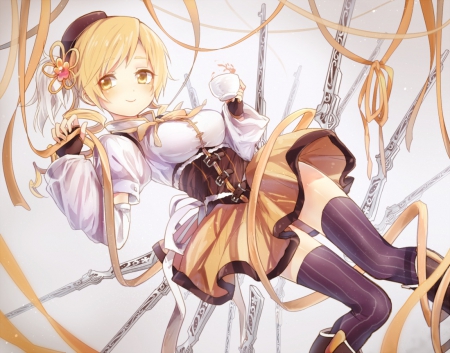 Tomoe Mami - yellow eyes, mahou shoujo madoka magica, tomoe mami, anime, guns, thighhighs, blonde, ribbons