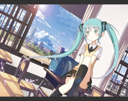 Hatsune Miku - clouds, anime, vocaloid, desks, kneehighs, hatsune miku, city, petals, long hair, uniform, blue hair, ponytails, sky, blue eyes