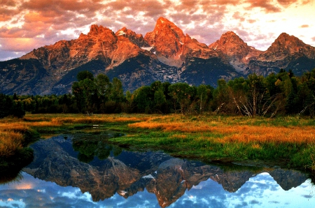 Sunset, Grand Teton National Park - wyoming, landscape, mountains, forest, reflection, clouds, beautiful, river, grass