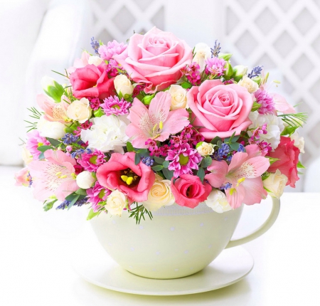 A cup of spring  - flowers, roses, white, colors, cup