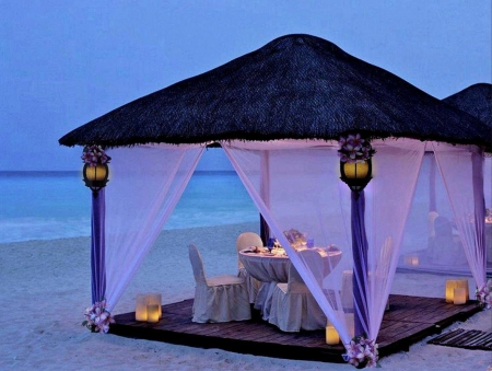 Romantic evening on the beach - table, evening, romantic, dinner