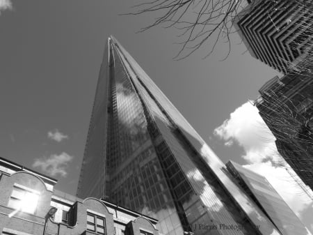 The Shard - black and white, looking up, london, the shard