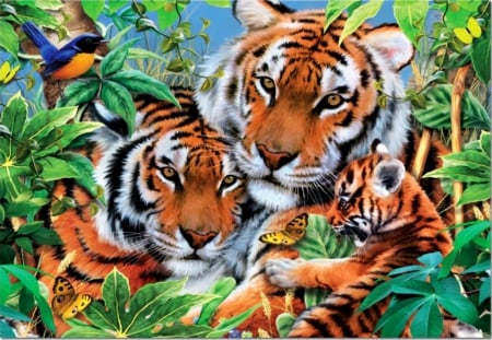 Family Tiger - parents, predator, cub, cats, artwork, bird