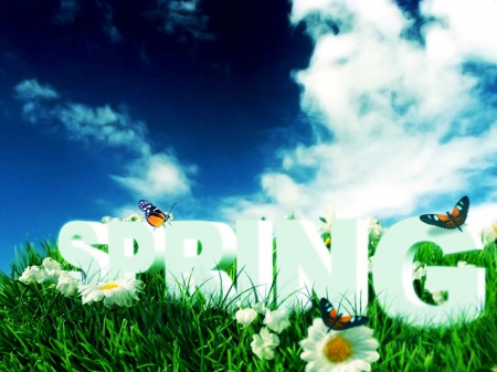 Happy Spring - flowers, clouds, blossoms, butterflies, artwork, letters