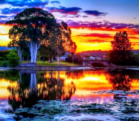 Sunset over the lake - sky, sunshine, trees, golden sky, colorful, mountains, sunset, spring, shadows and reflection, dark, river, clouds, fishes, sunrays, colors of nature, lake, sunset reflection, amazing sunset, stunning, lovely, plants, nature, forces of nature, sunrise