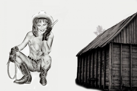 Modern Cowgirl - women, fun, female, guns, hats, barns, girls, cowgirls, drawing, cutoffs, art, westerns