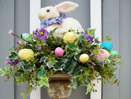 Easter arrangement with eggs and bunny - still life, arrangement, bunny, abstract, easter eggs