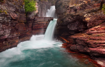 St. Mary Falls, Montana - two-tiered waterfall, canyon, reddish stone, beautiful, emerald waters, rock, rivers, glacier national park