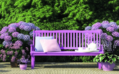 Perfect Place To Relax - flowers, cups, trees, Spring, tray, pillows, plants, bench