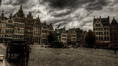 storm clouds over city square in antwerp belgium hdr - cobblestones, fountain, statue, clouds, city, aquare, hdr, storm