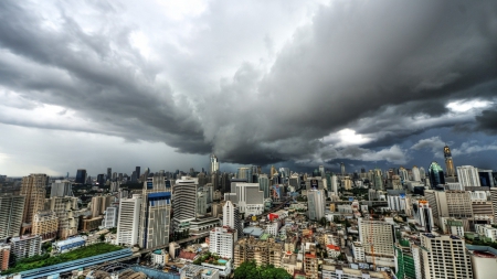 storm clouds over city - city, train tracks, clouds, storm