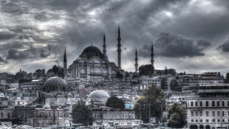 beautiful mosque on a hill in istanbul hdr - hill, clouds, city, hdr, mosque